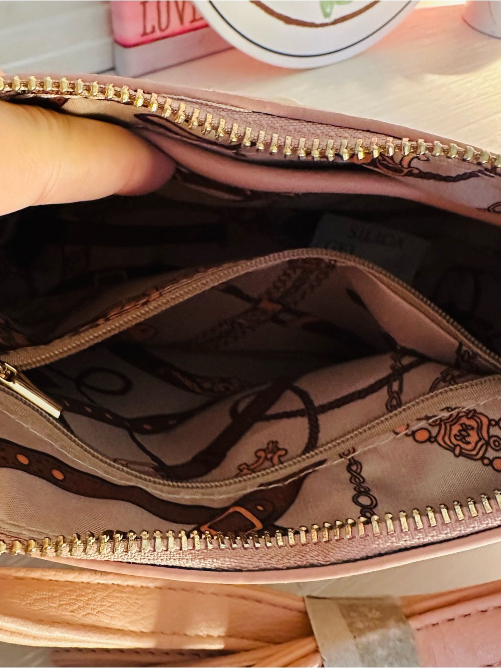 La Terre Blush Pink Pebbled Crossbody Bag with Gold Accent - Picture 4 of 8